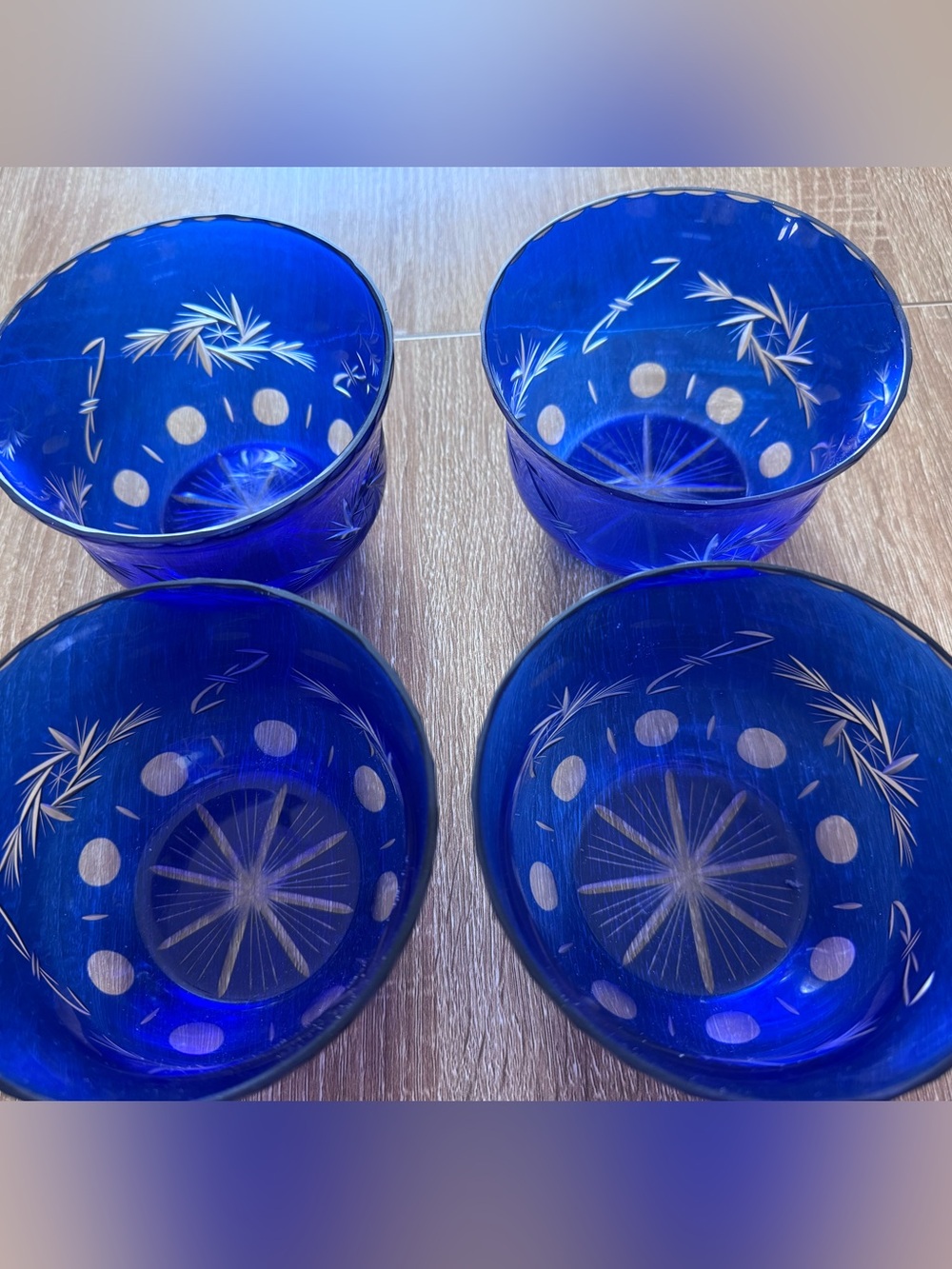 Set 4- Vintage Bohemian Cobalt Blue Cut to Clear Crystal Bowl w/ Pinwheel Star